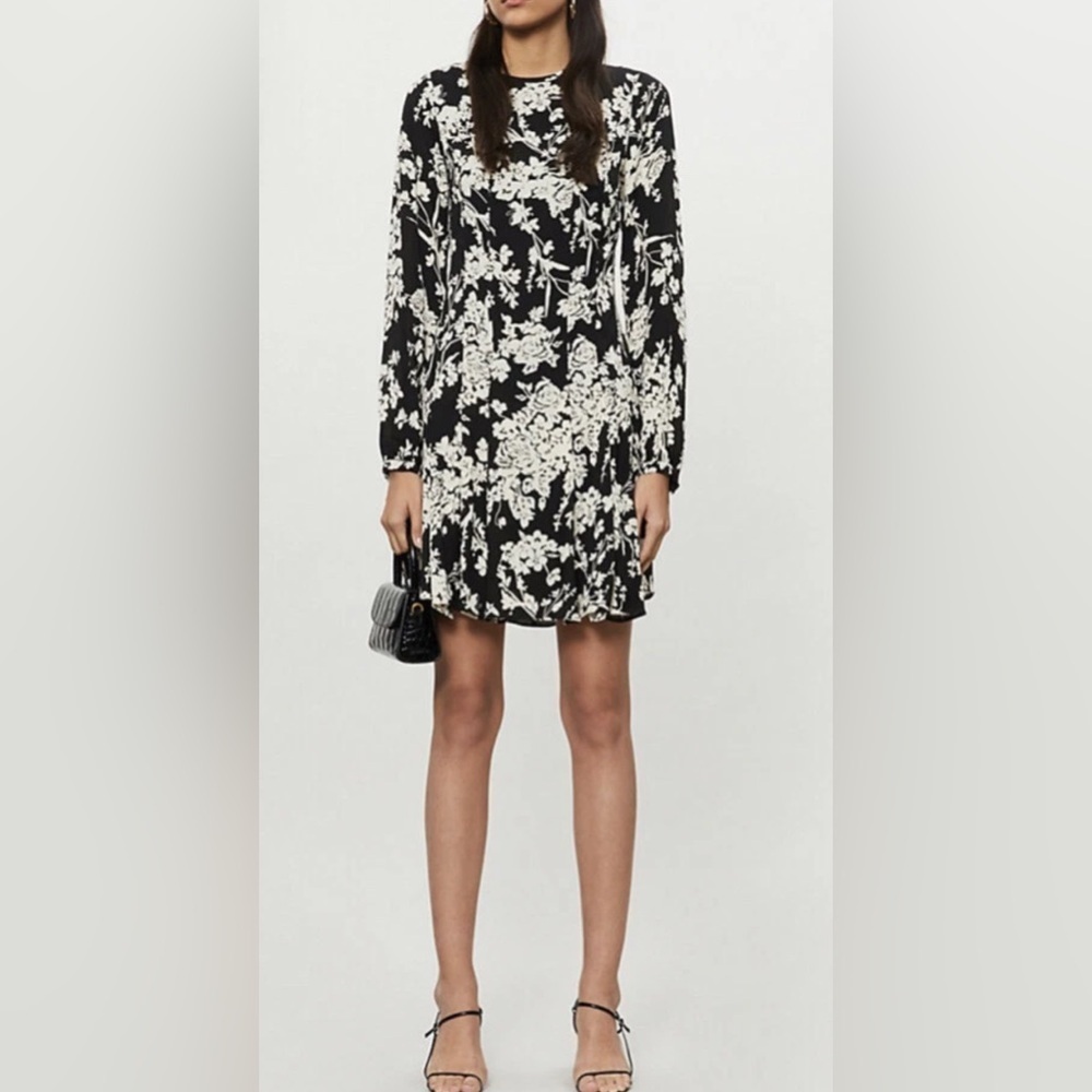 Reiss Gabriella floral-print crepe mini dress in black and ecru 6